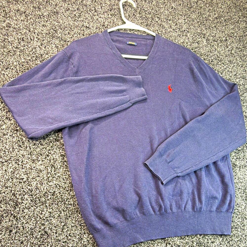 Polo Ralph Lauren Mens L Blue Pima Cotton V-Neck Knit Pullover Sweater Logo